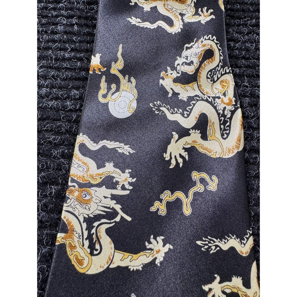 Kai Long Mens Silk Tie Black Gold Chinese Dragon 100% Silk Handmade